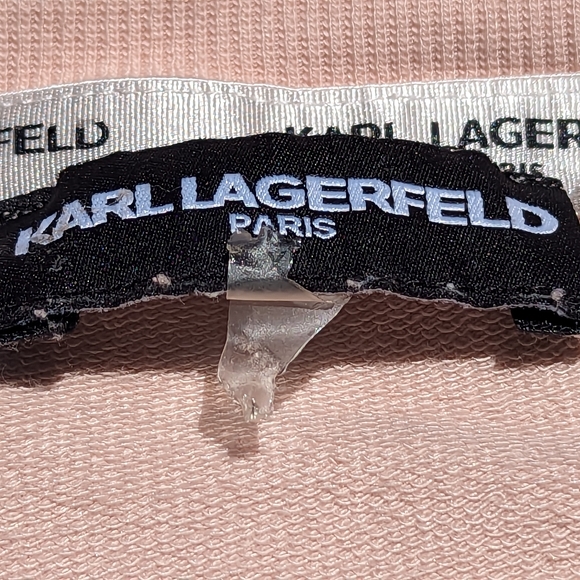 Karl Lagerfeld Women's Size Large Pink Sweater with Black Stripes and Bow - Picture 4 of 6